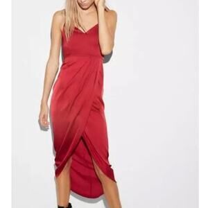 Express Cherry Red Satin Strappy Midi Evening Formal Dress Women 12 Asymmetrical